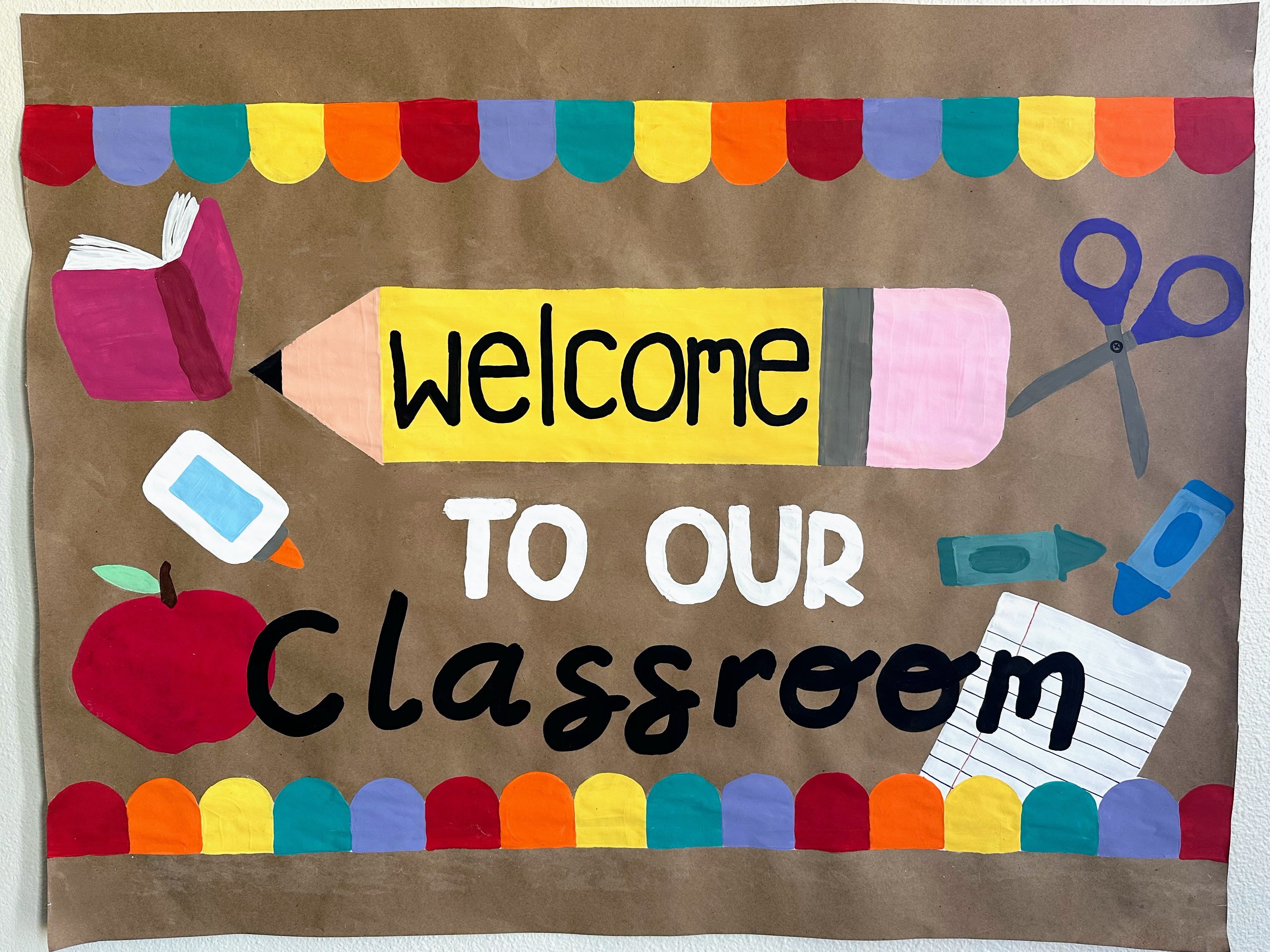 Classroom banner mural featuring educational artwork