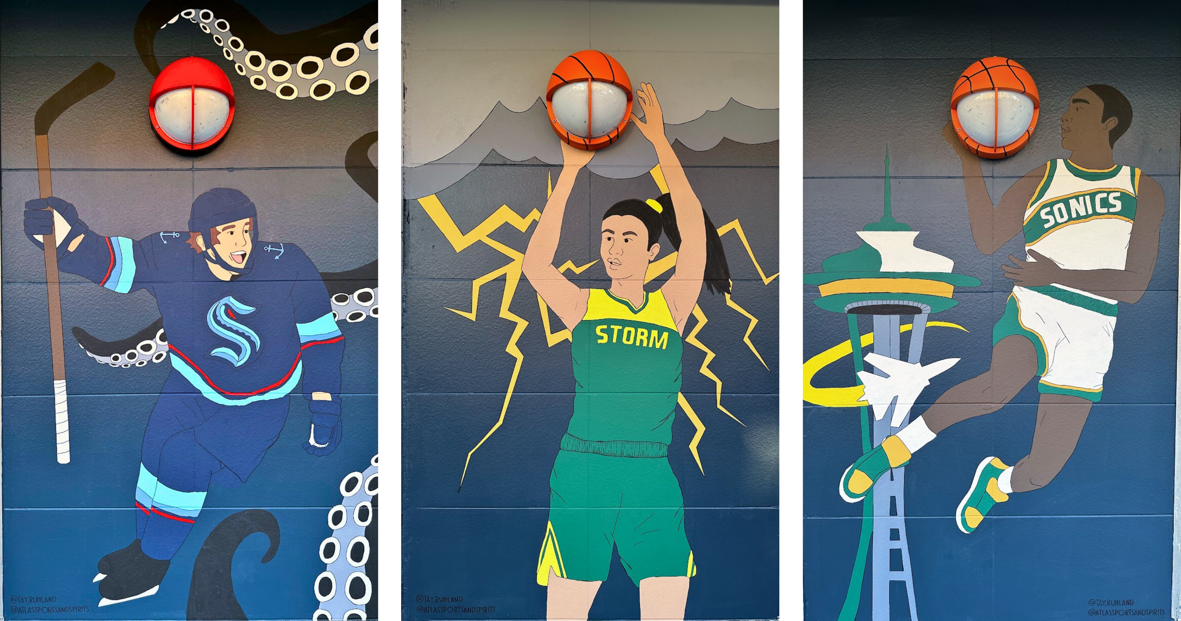 Seattle Sports mural at Atlas Sports & Spirits featuring Seattle team logos and sports themes